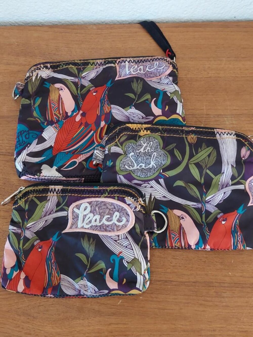 Sakroots Black River Peace 3 Piece Cosmetic Bag Pouch Set Bird Floral Canvas